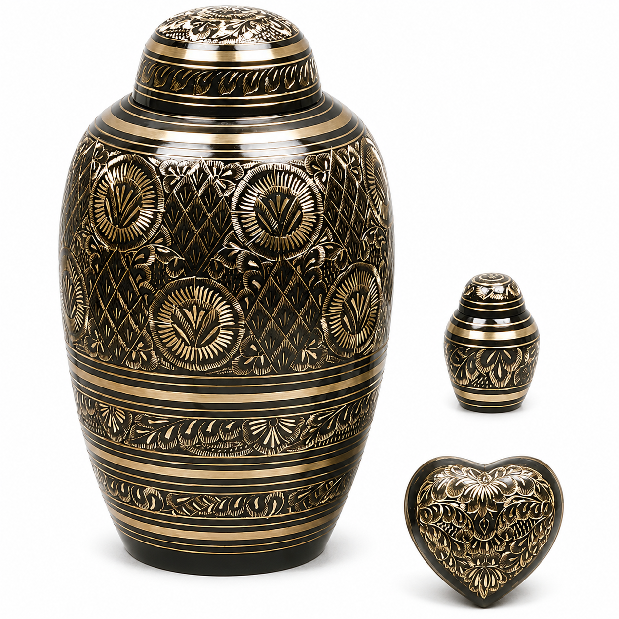 Ornately engraved brass urn with matching small urn and heart keepsake