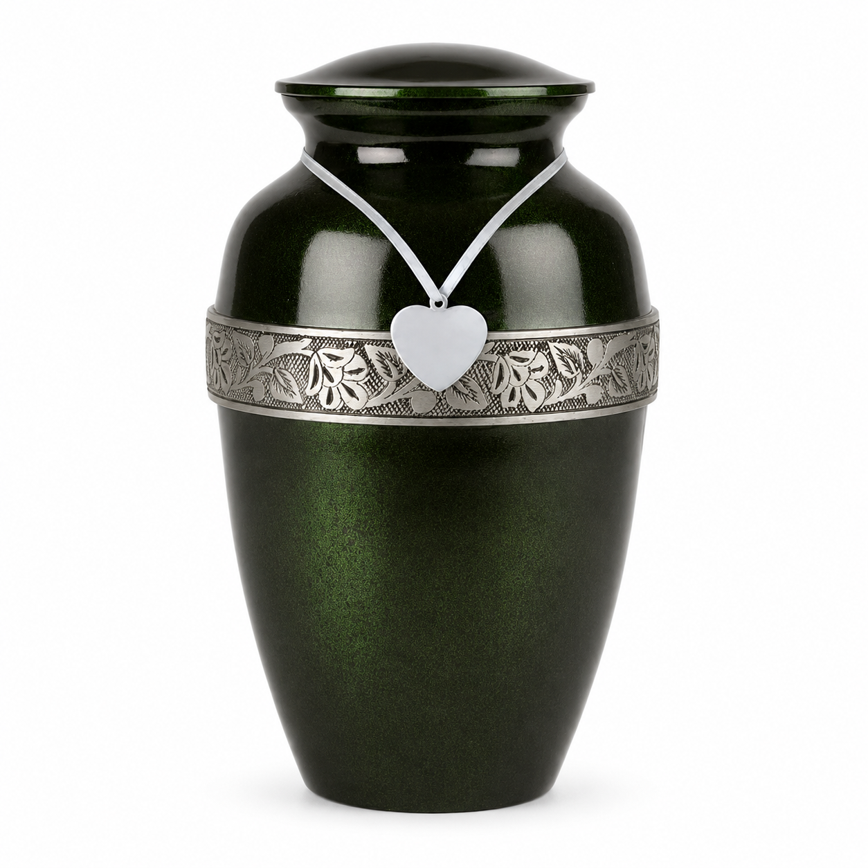Emerald green urn with a silver floral band